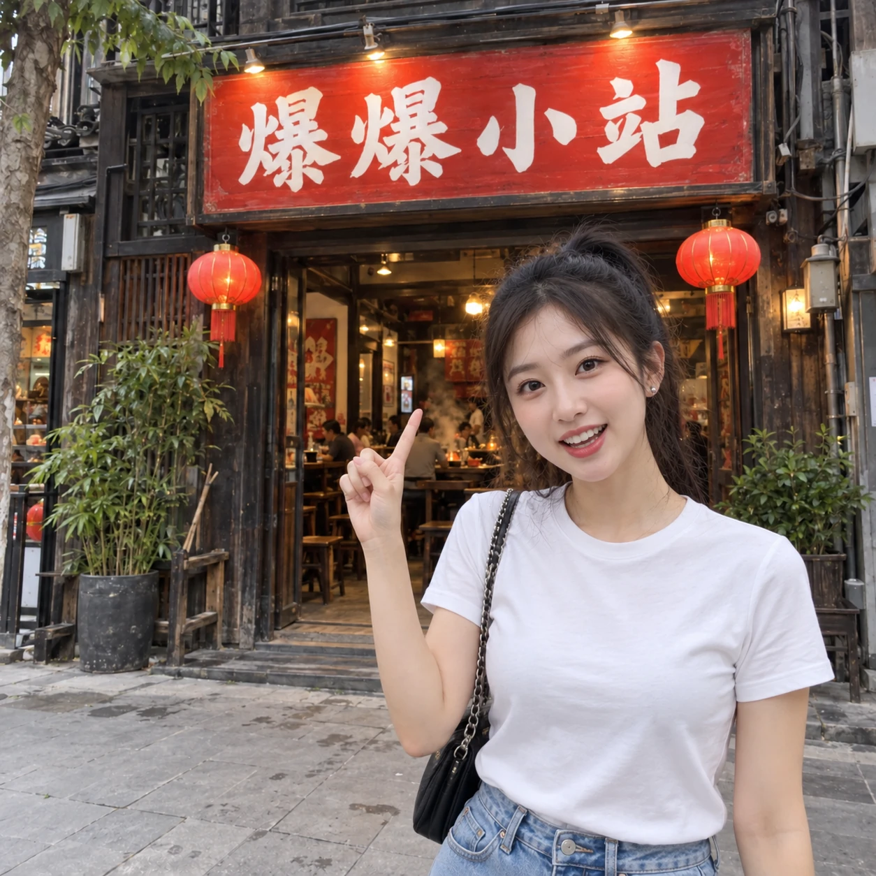 AI探店宣传画面：年轻达人在爆爆小站门口面向镜头介绍店铺